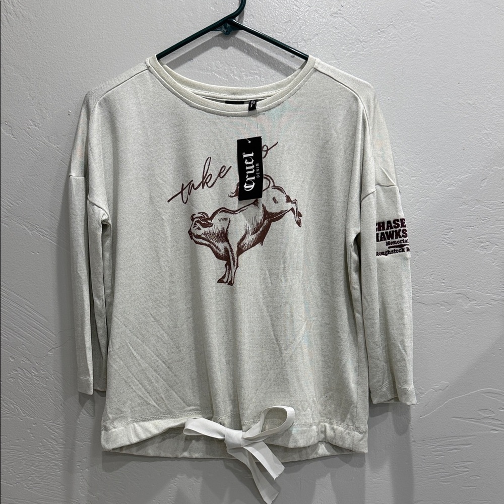 NWT- Women's Long Sleeve Graphic Top - Cream